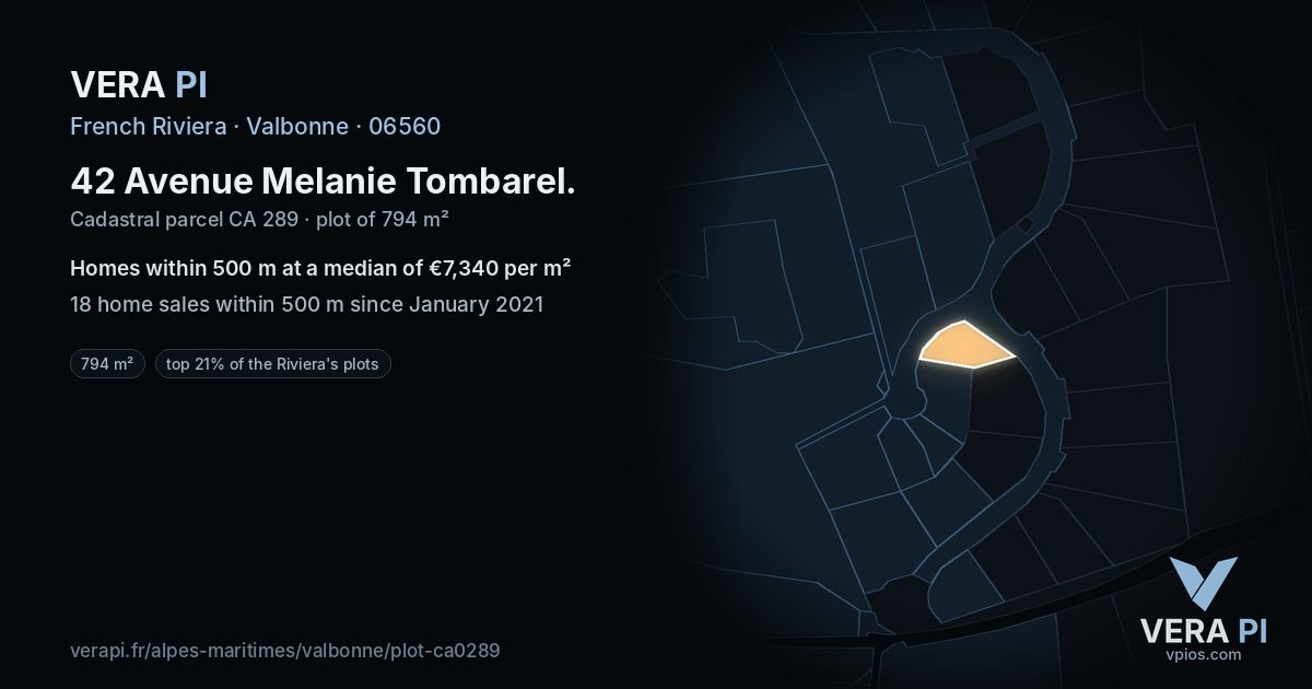 42 Avenue Melanie Tombarel, Valbonne at night – the plot lit, the parcels around coloured by the prices near them