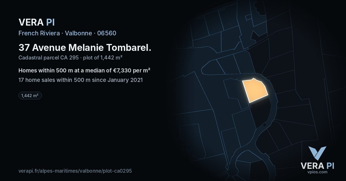 37 Avenue Melanie Tombarel, Valbonne at night – the plot lit, the parcels around coloured by the prices near them
