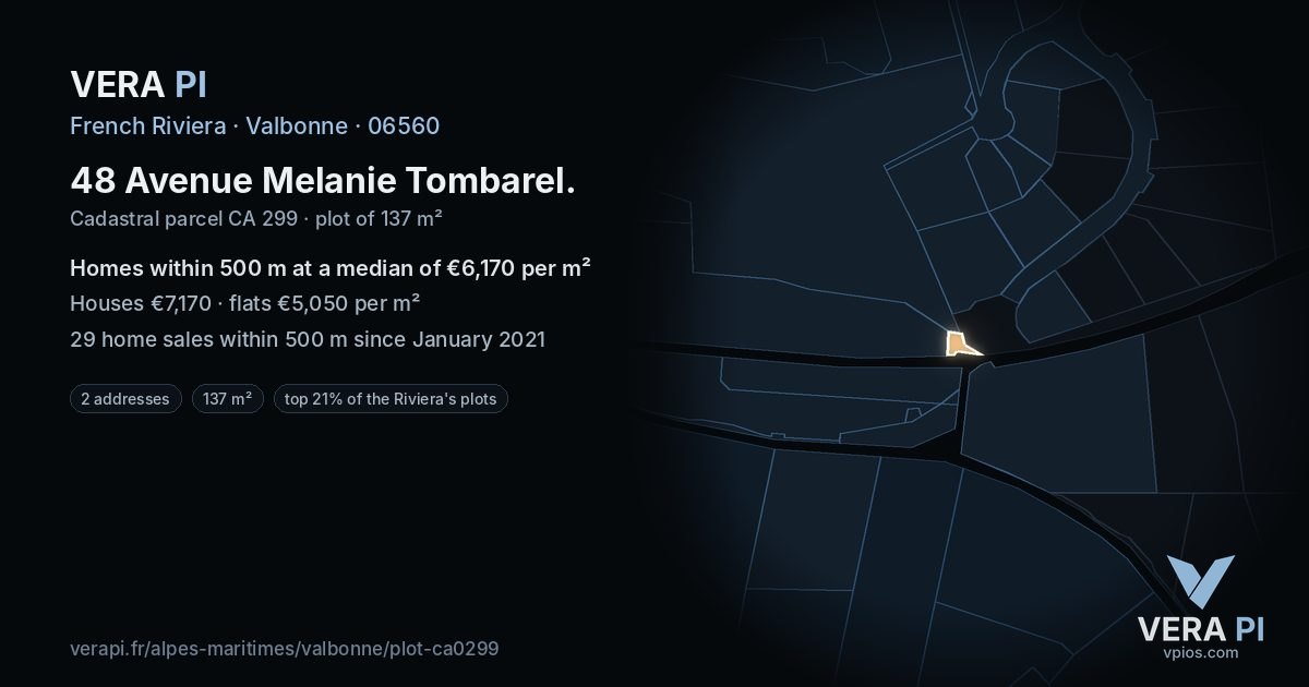 48 Avenue Melanie Tombarel, Valbonne at night – the plot lit, the parcels around coloured by the prices near them