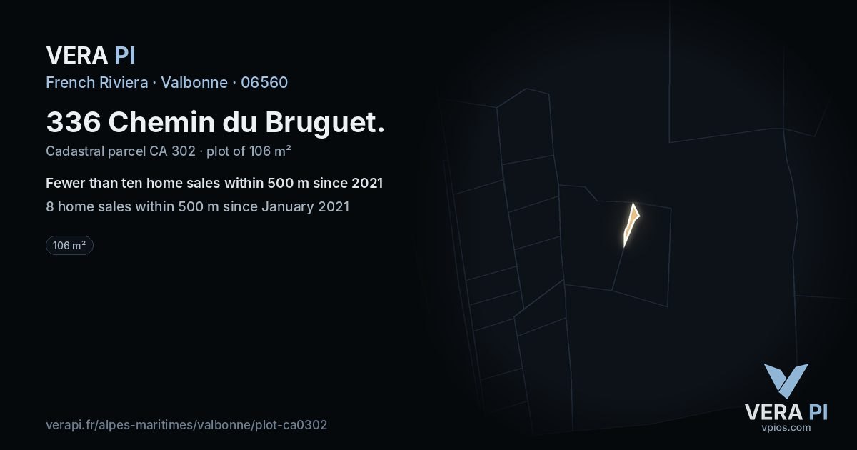 336 Chemin du Bruguet, Valbonne at night – the plot lit, the parcels around coloured by the prices near them