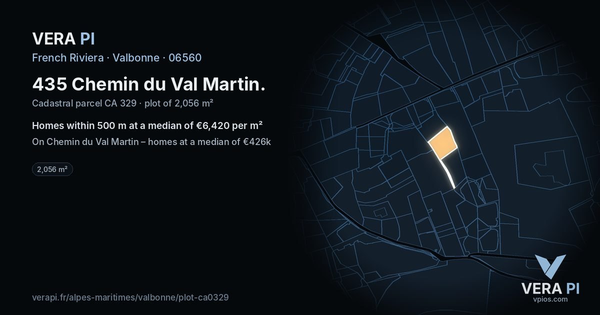 435 Chemin du Val Martin, Valbonne at night – the plot lit, the parcels around coloured by the prices near them