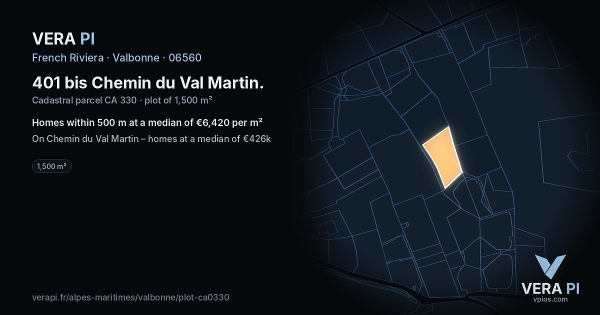 401 bis Chemin du Val Martin, Valbonne at night – the plot lit, the parcels around coloured by the prices near them