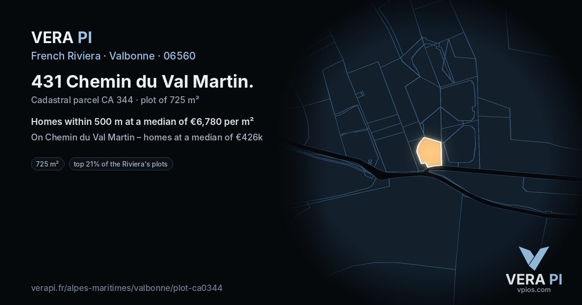 431 Chemin du Val Martin, Valbonne at night – the plot lit, the parcels around coloured by the prices near them