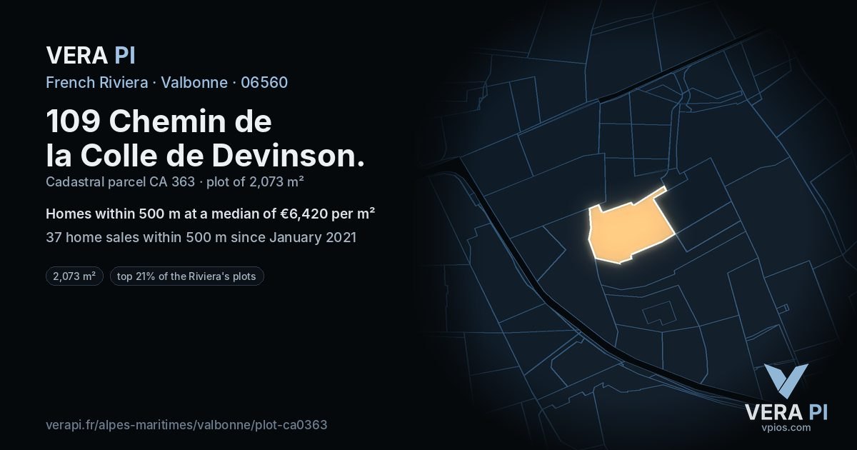 109 Chemin de la Colle de Devinson, Valbonne at night – the plot lit, the parcels around coloured by the prices near them