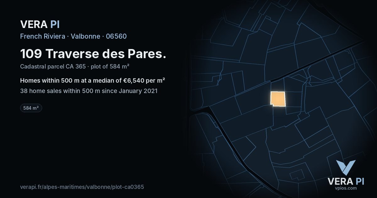 109 Traverse des Pares, Valbonne at night – the plot lit, the parcels around coloured by the prices near them