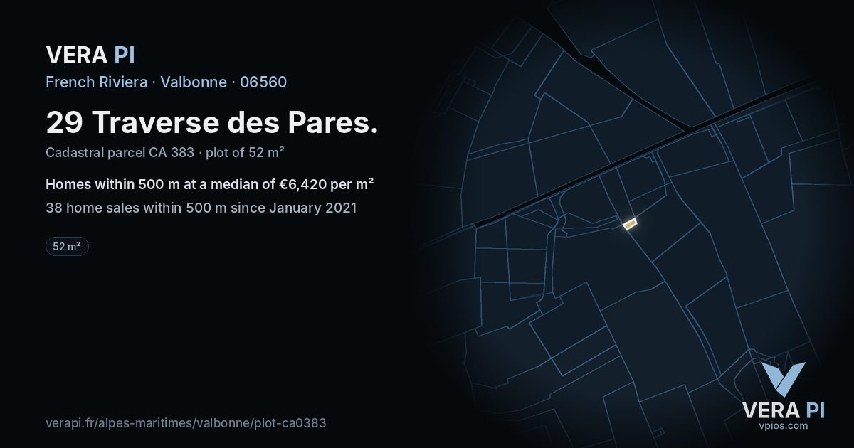 29 Traverse des Pares, Valbonne at night – the plot lit, the parcels around coloured by the prices near them