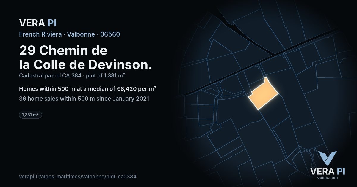 29 Chemin de la Colle de Devinson, Valbonne at night – the plot lit, the parcels around coloured by the prices near them