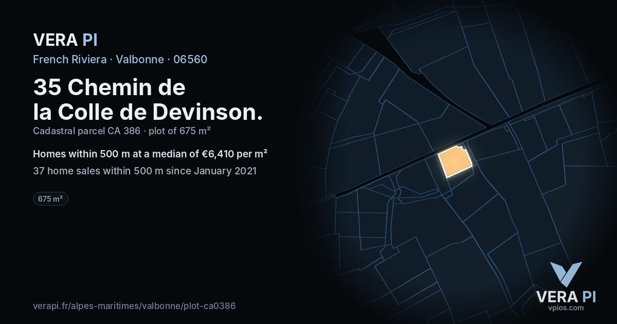 35 Chemin de la Colle de Devinson, Valbonne at night – the plot lit, the parcels around coloured by the prices near them