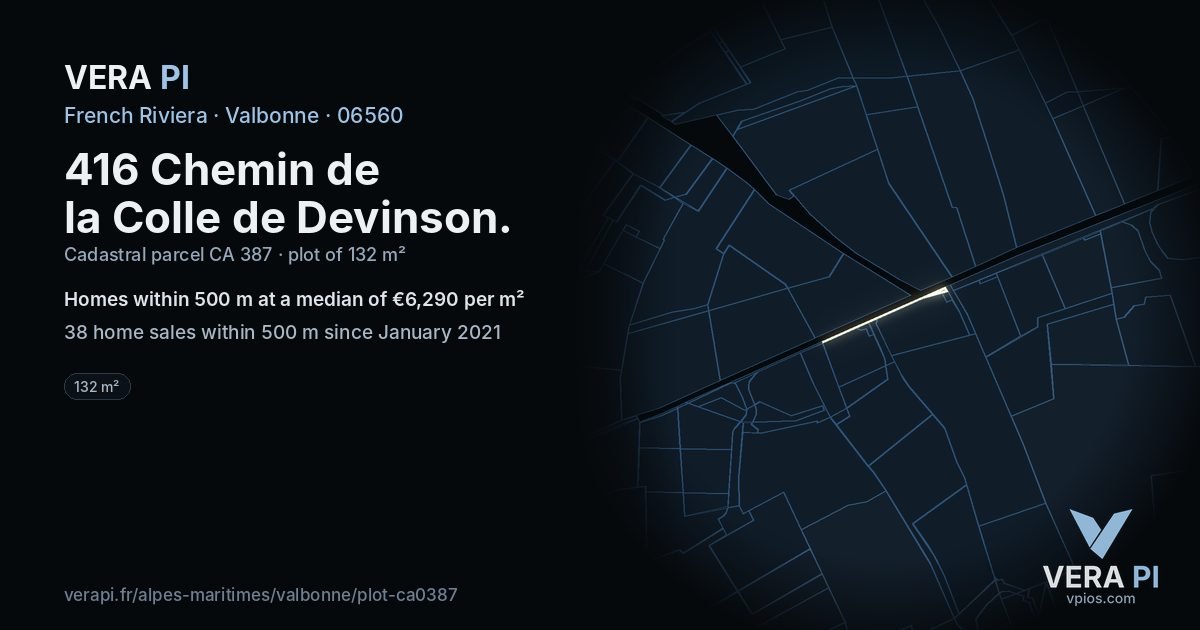 416 Chemin de la Colle de Devinson, Valbonne at night – the plot lit, the parcels around coloured by the prices near them