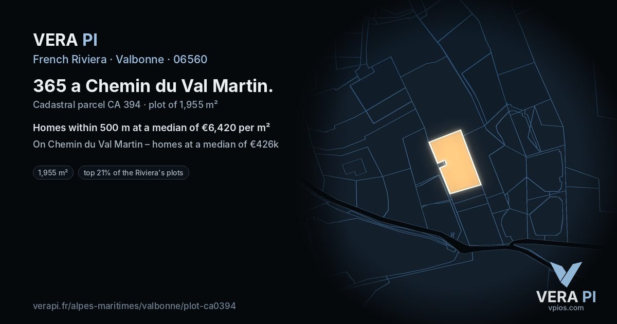 365 a Chemin du Val Martin, Valbonne at night – the plot lit, the parcels around coloured by the prices near them