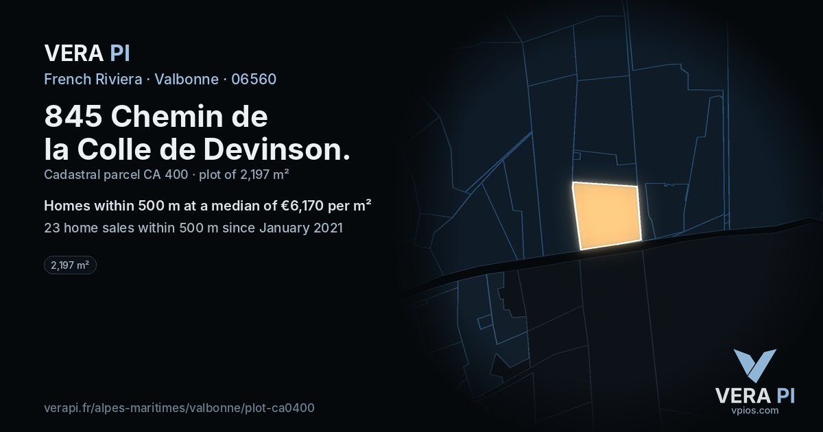 845 Chemin de la Colle de Devinson, Valbonne at night – the plot lit, the parcels around coloured by the prices near them