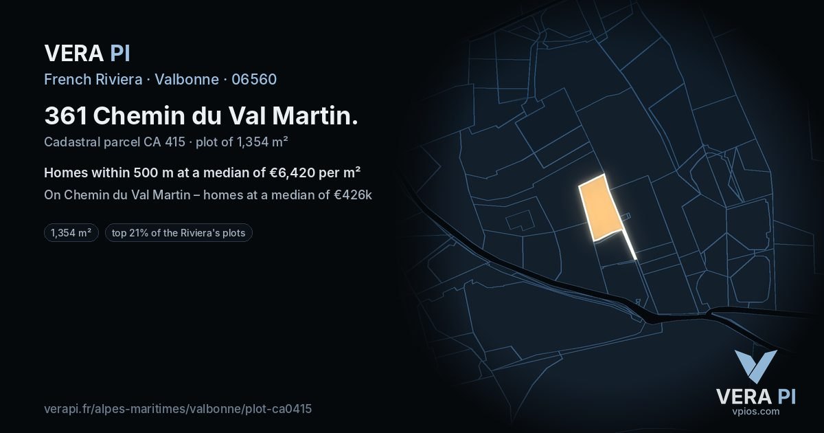 361 Chemin du Val Martin, Valbonne at night – the plot lit, the parcels around coloured by the prices near them
