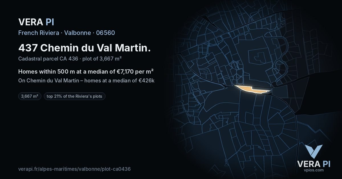 437 Chemin du Val Martin, Valbonne at night – the plot lit, the parcels around coloured by the prices near them
