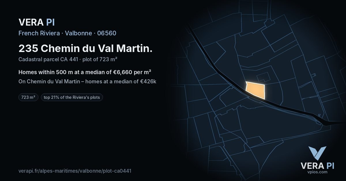 235 Chemin du Val Martin, Valbonne at night – the plot lit, the parcels around coloured by the prices near them
