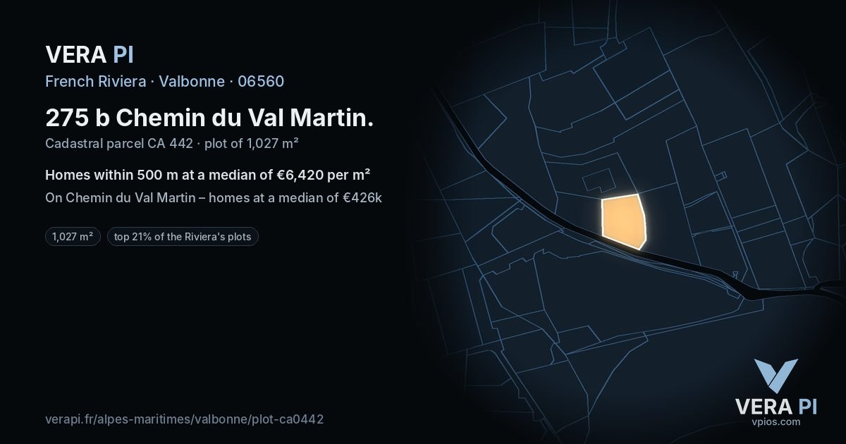 275 b Chemin du Val Martin, Valbonne at night – the plot lit, the parcels around coloured by the prices near them