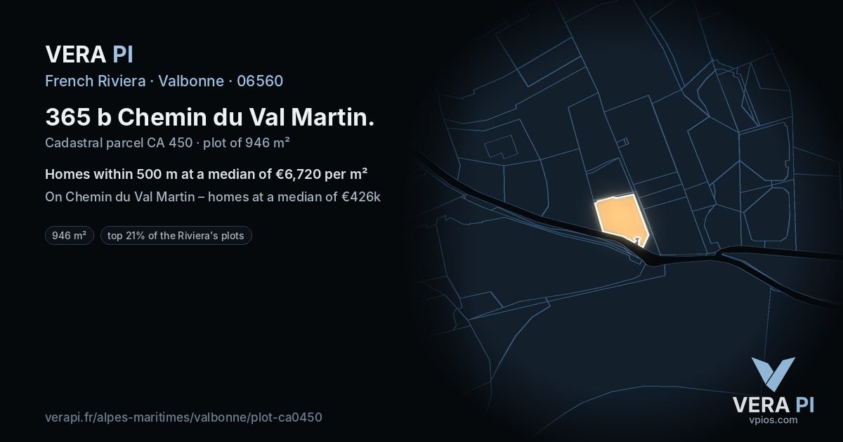 365 b Chemin du Val Martin, Valbonne at night – the plot lit, the parcels around coloured by the prices near them