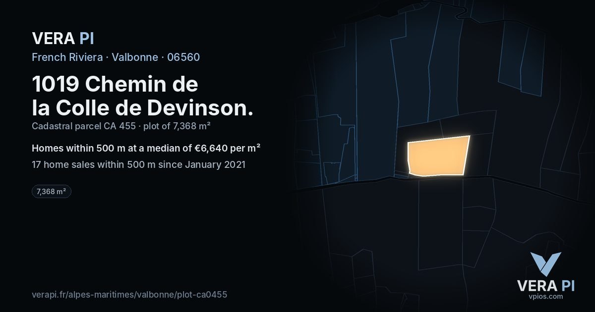 1019 Chemin de la Colle de Devinson, Valbonne at night – the plot lit, the parcels around coloured by the prices near them