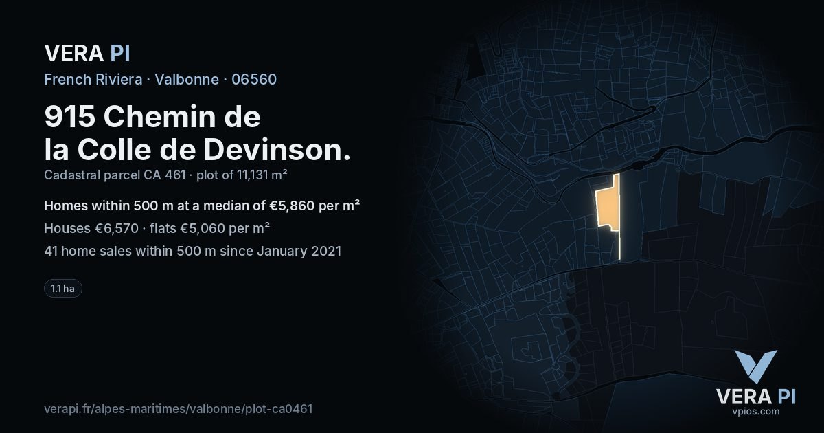 915 Chemin de la Colle de Devinson, Valbonne at night – the plot lit, the parcels around coloured by the prices near them