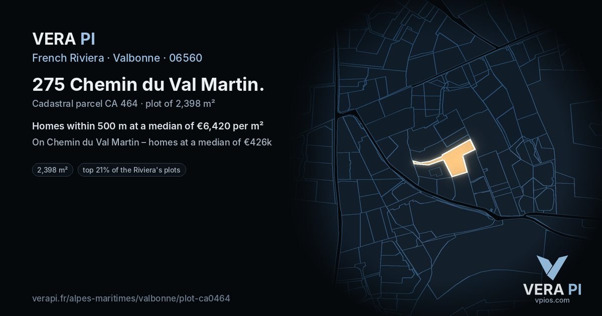 275 Chemin du Val Martin, Valbonne at night – the plot lit, the parcels around coloured by the prices near them