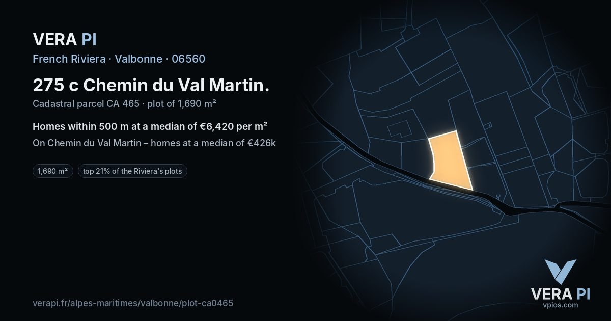 275 c Chemin du Val Martin, Valbonne at night – the plot lit, the parcels around coloured by the prices near them