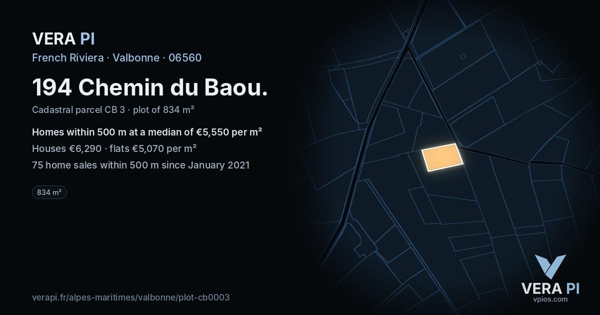 194 Chemin du Baou, Valbonne at night – the plot lit, the parcels around coloured by the prices near them