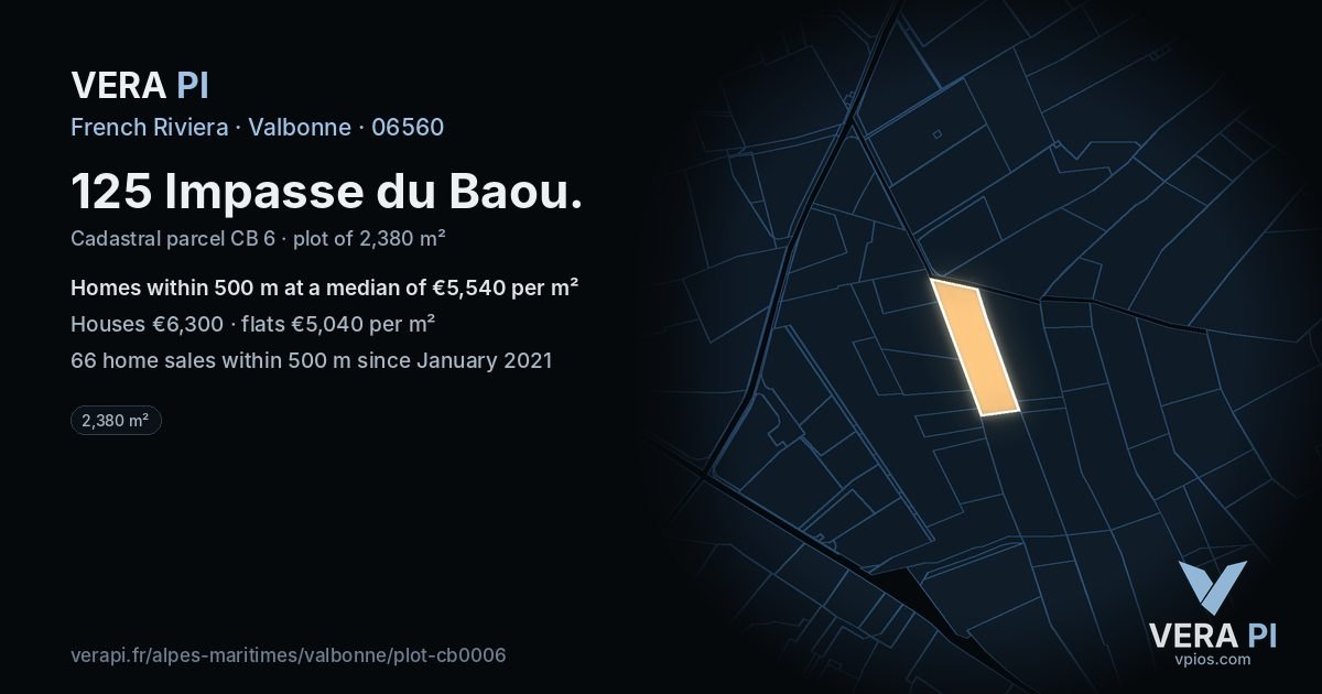 125 Impasse du Baou, Valbonne at night – the plot lit, the parcels around coloured by the prices near them
