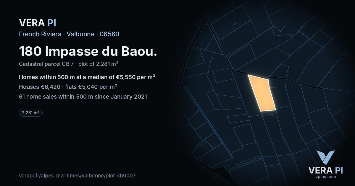 180 Impasse du Baou, Valbonne at night – the plot lit, the parcels around coloured by the prices near them