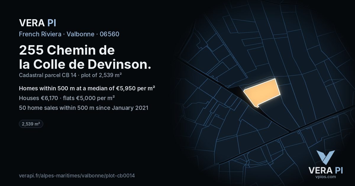 255 Chemin de la Colle de Devinson, Valbonne at night – the plot lit, the parcels around coloured by the prices near them