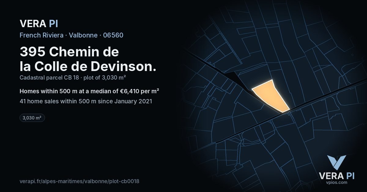 395 Chemin de la Colle de Devinson, Valbonne at night – the plot lit, the parcels around coloured by the prices near them
