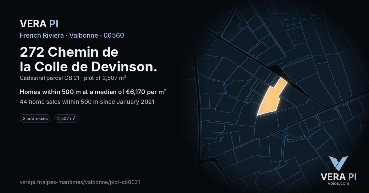 272 Chemin de la Colle de Devinson, Valbonne at night – the plot lit, the parcels around coloured by the prices near them