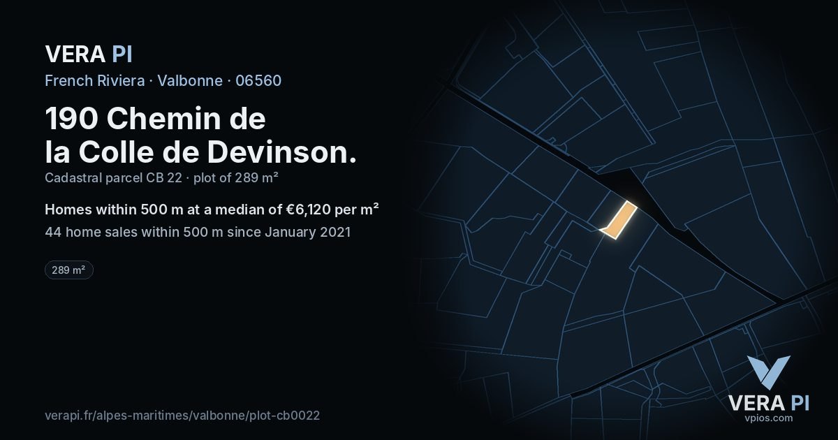 190 Chemin de la Colle de Devinson, Valbonne at night – the plot lit, the parcels around coloured by the prices near them