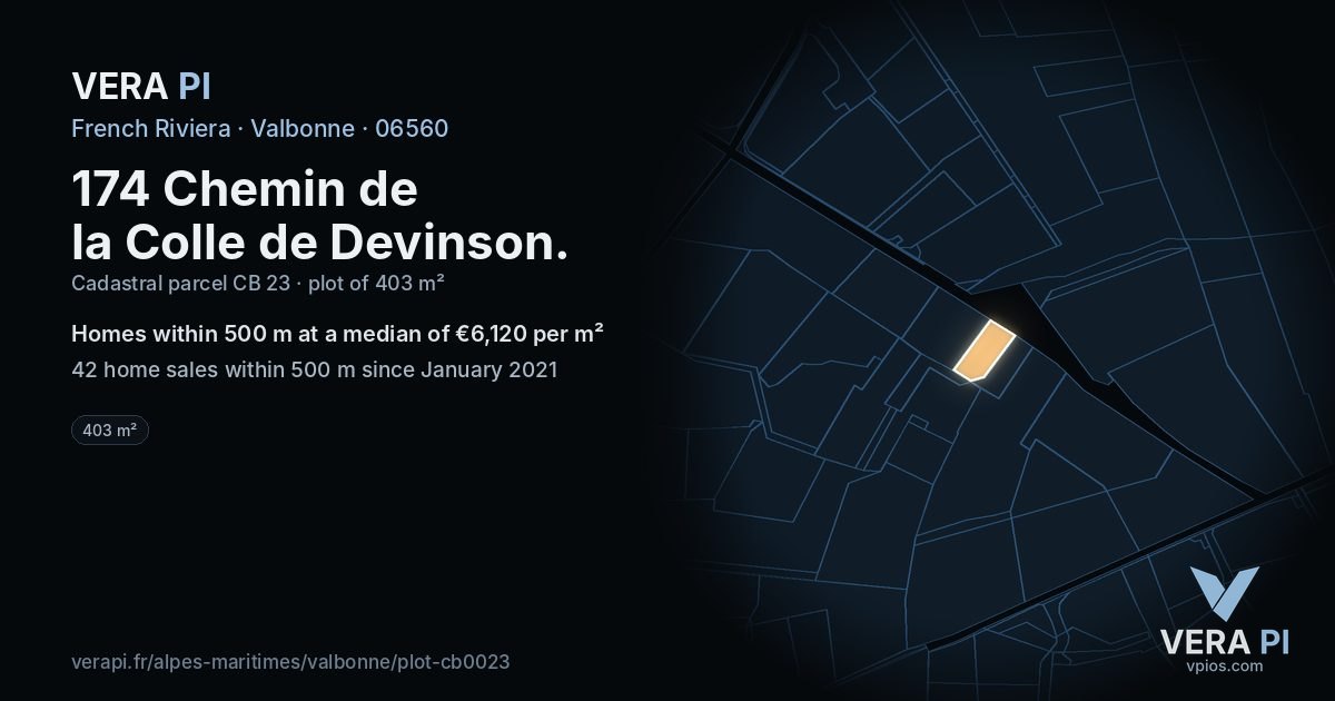 174 Chemin de la Colle de Devinson, Valbonne at night – the plot lit, the parcels around coloured by the prices near them