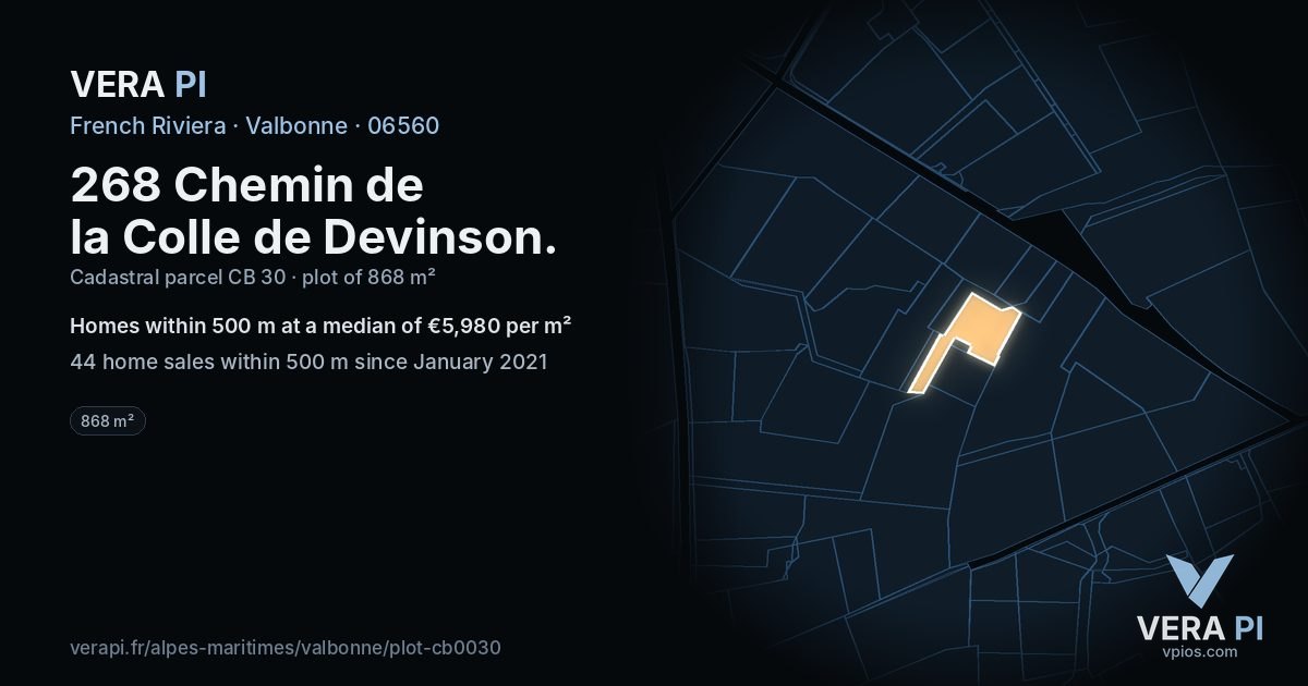 268 Chemin de la Colle de Devinson, Valbonne at night – the plot lit, the parcels around coloured by the prices near them