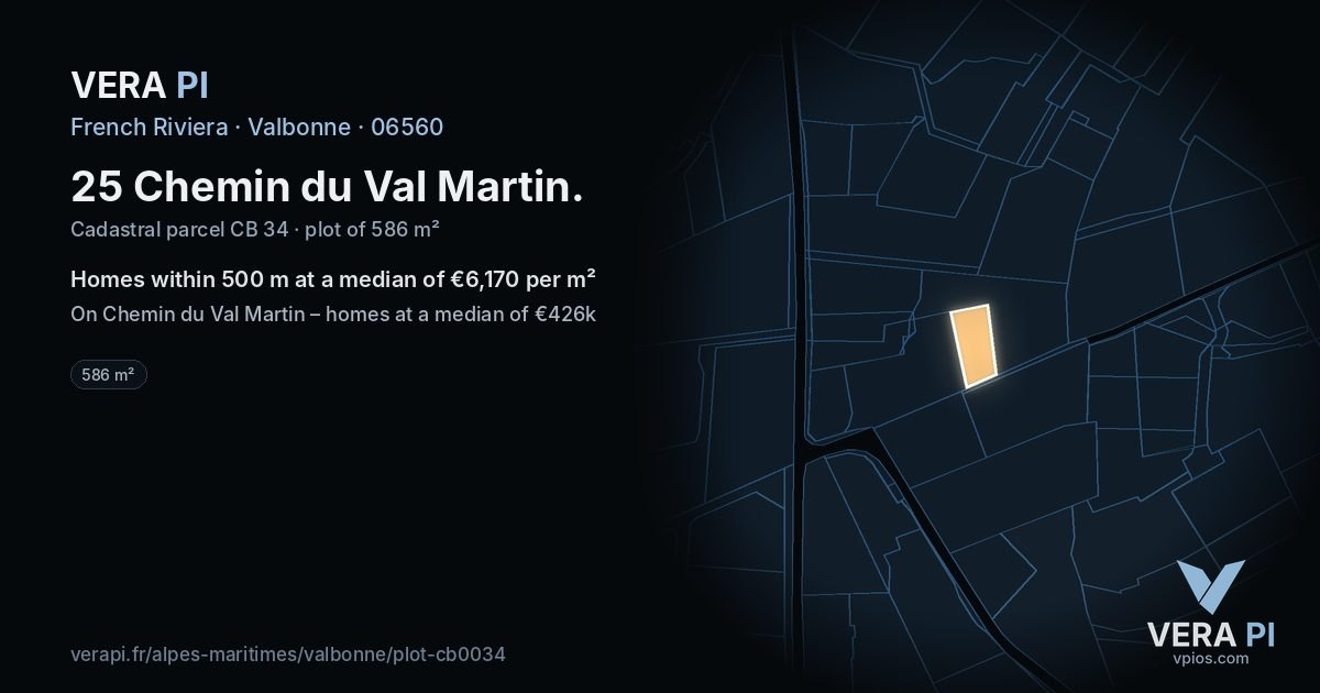 25 Chemin du Val Martin, Valbonne at night – the plot lit, the parcels around coloured by the prices near them