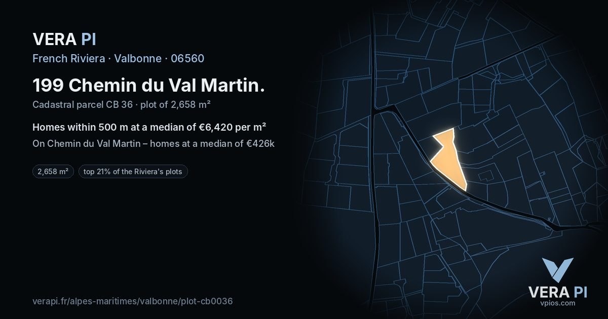 199 Chemin du Val Martin, Valbonne at night – the plot lit, the parcels around coloured by the prices near them