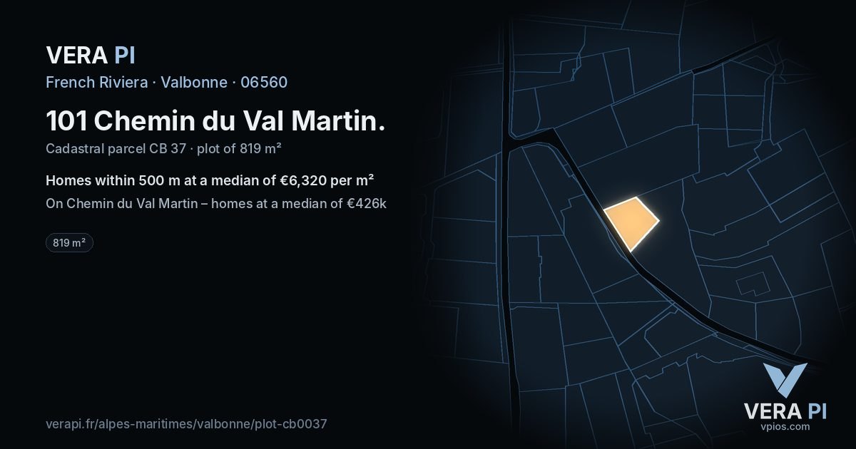 101 Chemin du Val Martin, Valbonne at night – the plot lit, the parcels around coloured by the prices near them