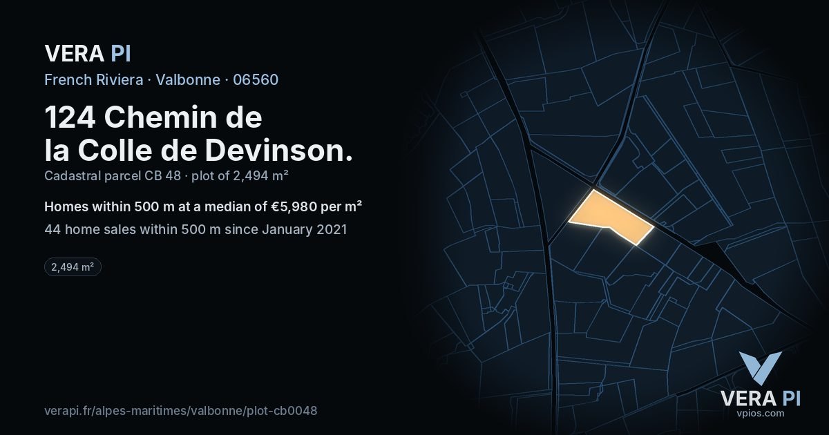 124 Chemin de la Colle de Devinson, Valbonne at night – the plot lit, the parcels around coloured by the prices near them