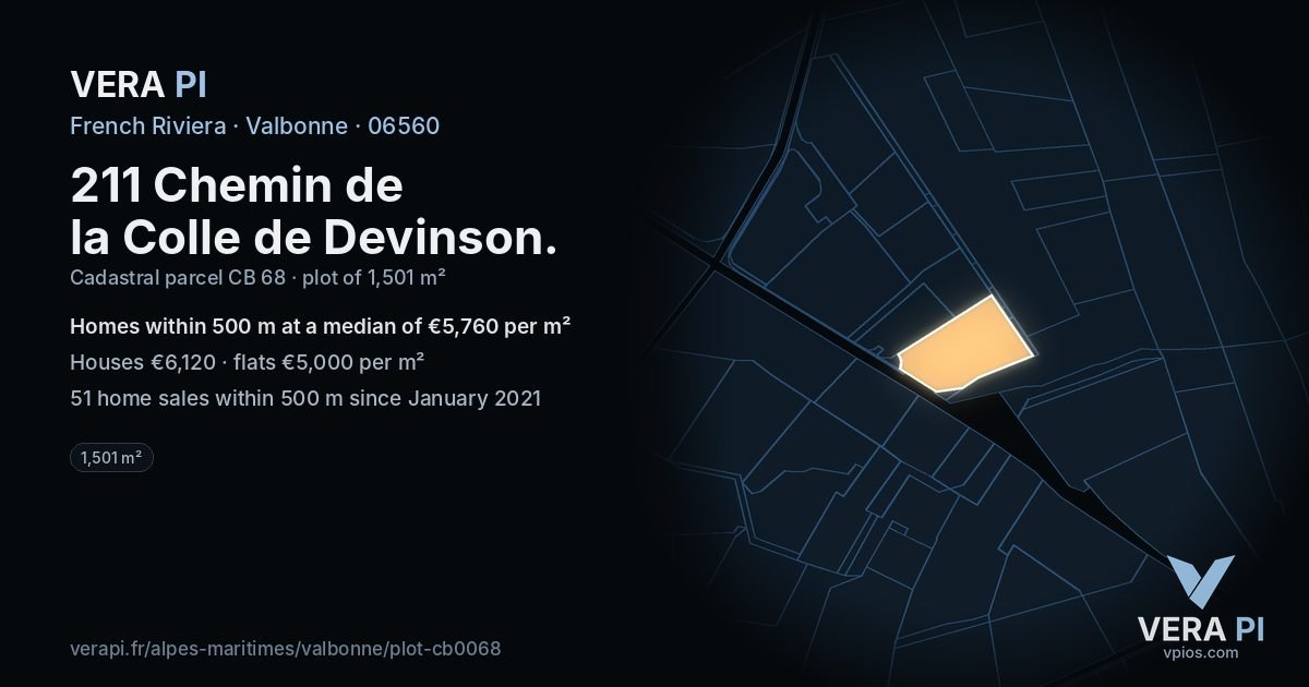211 Chemin de la Colle de Devinson, Valbonne at night – the plot lit, the parcels around coloured by the prices near them
