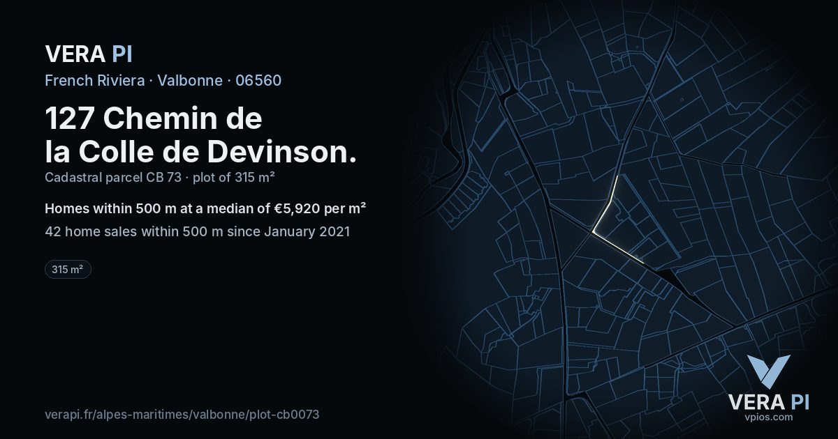 127 Chemin de la Colle de Devinson, Valbonne at night – the plot lit, the parcels around coloured by the prices near them