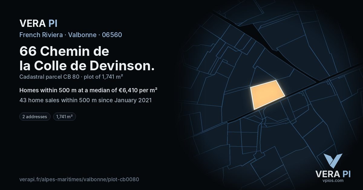 66 Chemin de la Colle de Devinson, Valbonne at night – the plot lit, the parcels around coloured by the prices near them