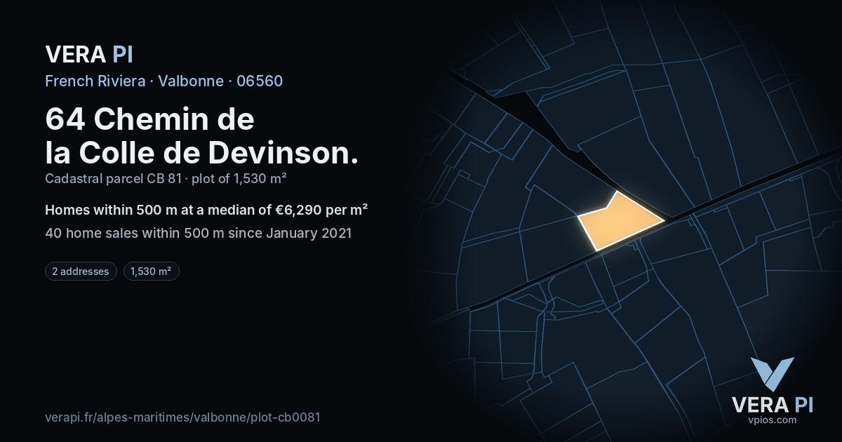 64 Chemin de la Colle de Devinson, Valbonne at night – the plot lit, the parcels around coloured by the prices near them