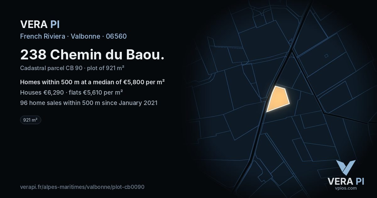 238 Chemin du Baou, Valbonne at night – the plot lit, the parcels around coloured by the prices near them
