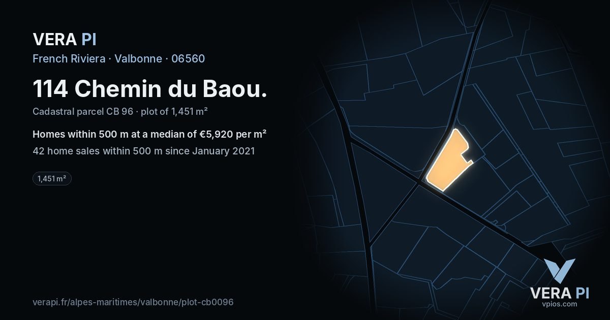 114 Chemin du Baou, Valbonne at night – the plot lit, the parcels around coloured by the prices near them