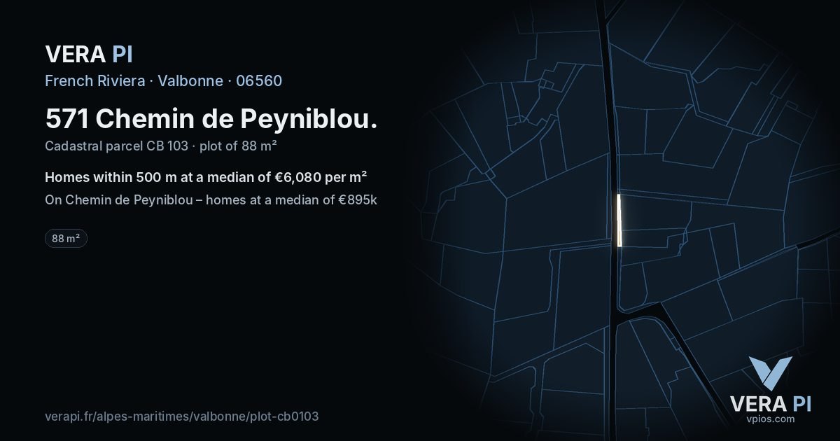 571 Chemin de Peyniblou, Valbonne at night – the plot lit, the parcels around coloured by the prices near them