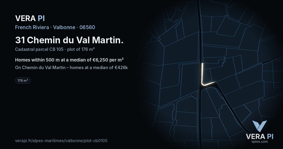 31 Chemin du Val Martin, Valbonne at night – the plot lit, the parcels around coloured by the prices near them