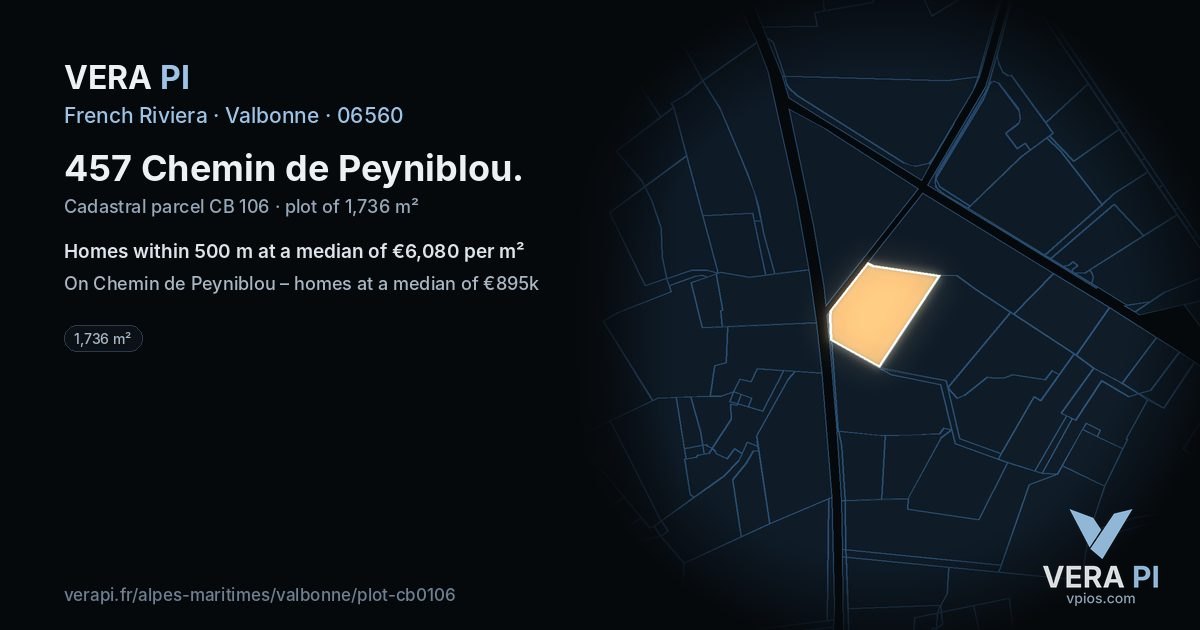 457 Chemin de Peyniblou, Valbonne at night – the plot lit, the parcels around coloured by the prices near them