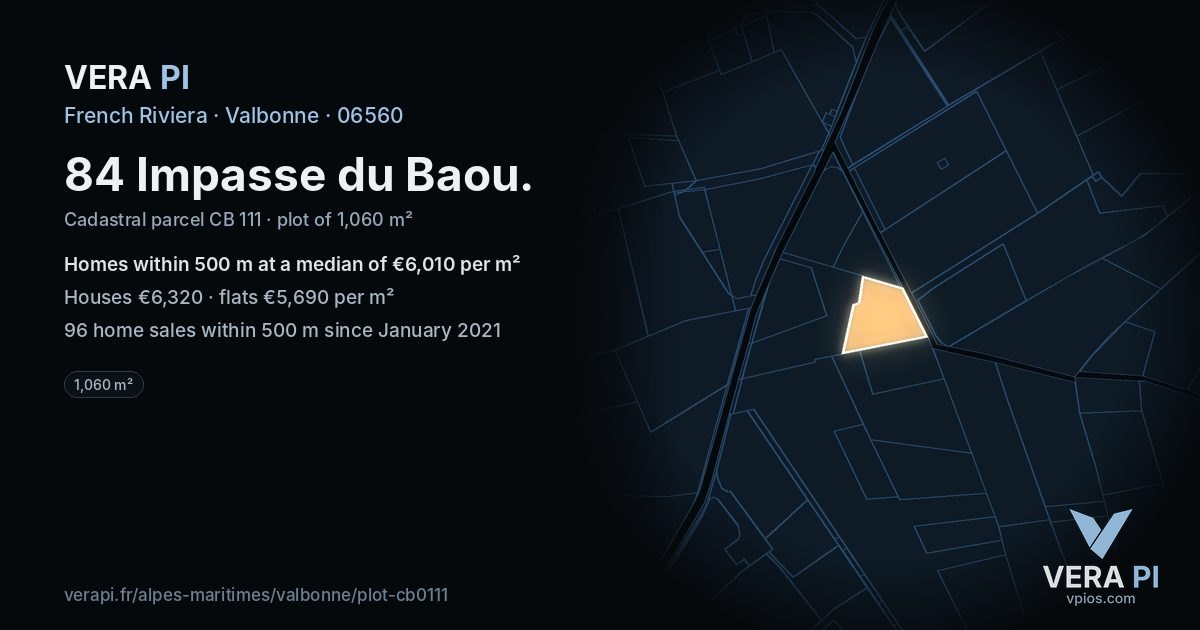 84 Impasse du Baou, Valbonne at night – the plot lit, the parcels around coloured by the prices near them