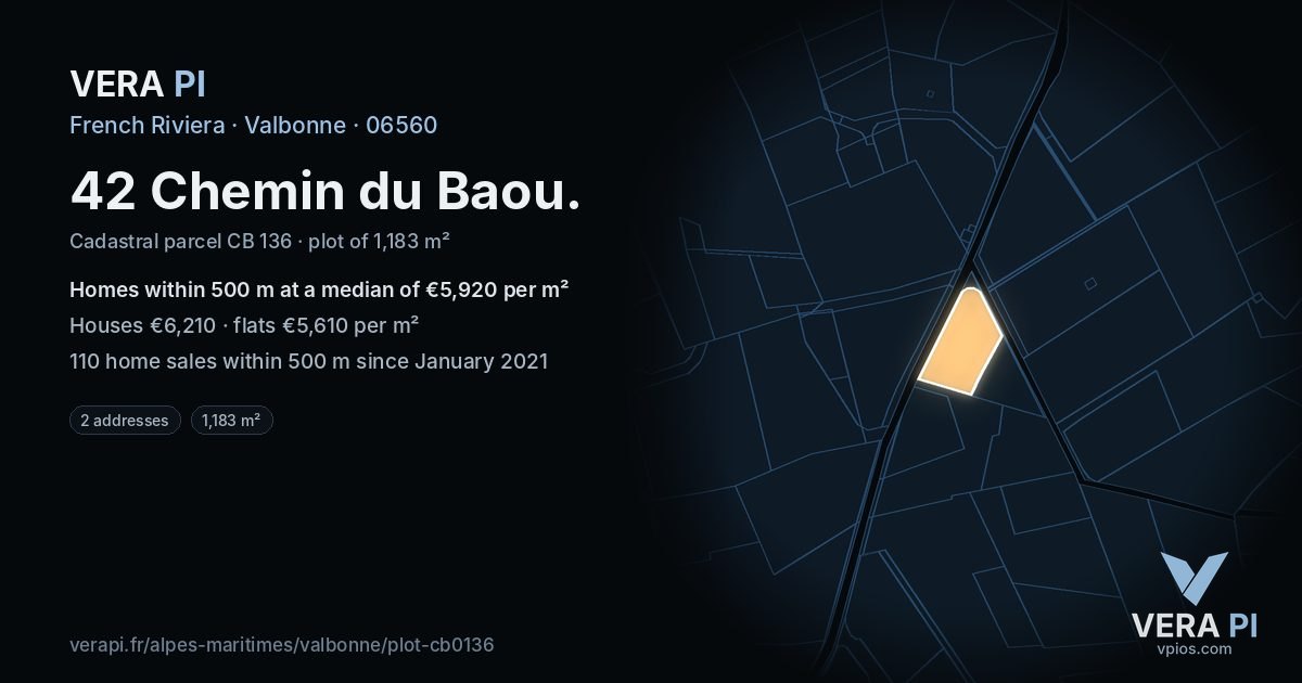 42 Chemin du Baou, Valbonne at night – the plot lit, the parcels around coloured by the prices near them