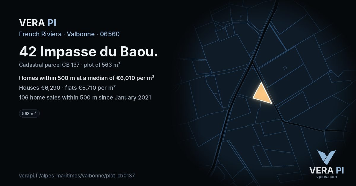 42 Impasse du Baou, Valbonne at night – the plot lit, the parcels around coloured by the prices near them