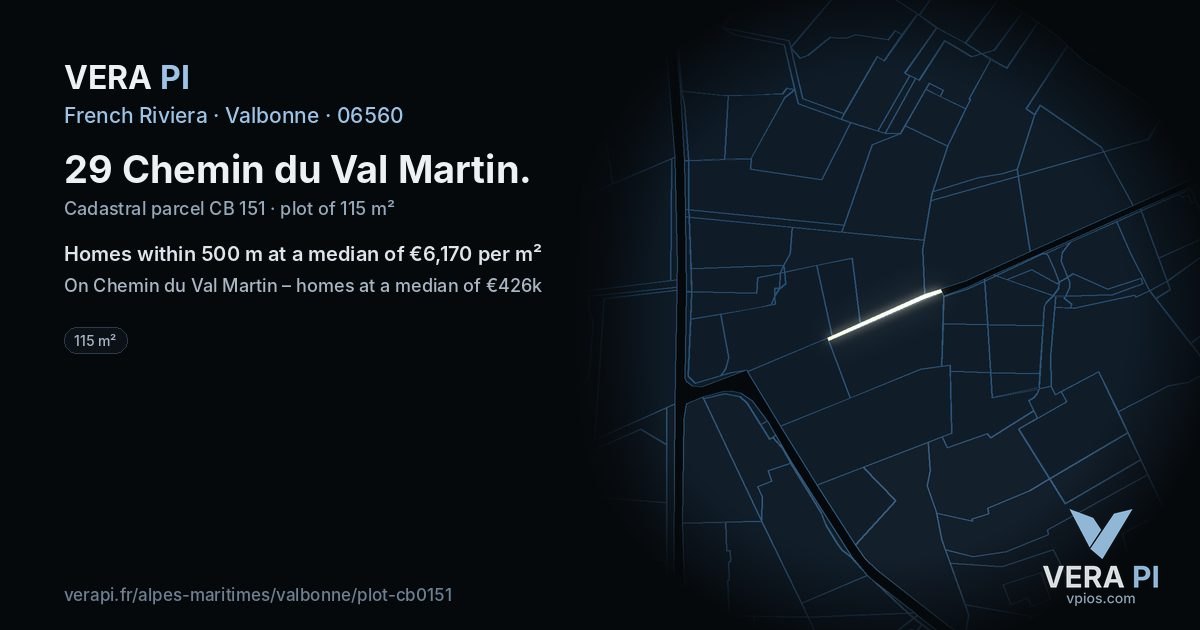 29 Chemin du Val Martin, Valbonne at night – the plot lit, the parcels around coloured by the prices near them